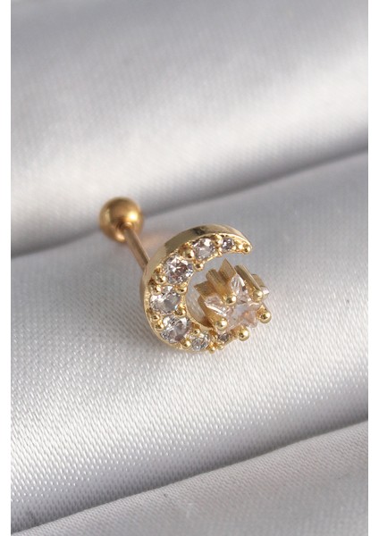 316L Çelik Gold Renk Zirkon Taşlı Ay Yıldız Tragus Piercing - TJ-PR1256