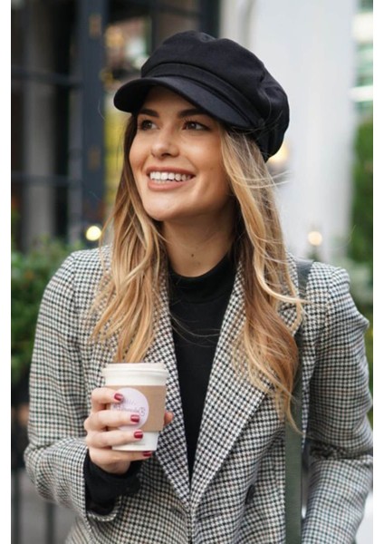 Siyah Bayan Şapka Kadın Kasket Yün Flat Cap