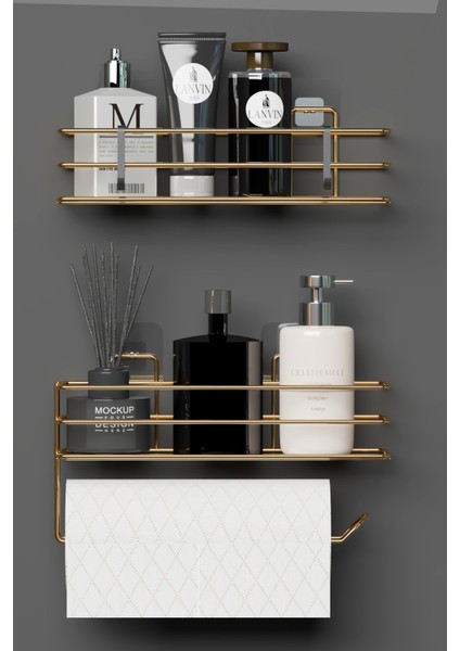 Gold Altın Kaplama Yapışkanlı Banyo Rafı 2 Li Set Kağıt Havlu Askılı Banyo Duş Organizer