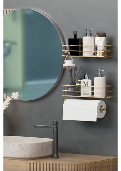 Gold Altın Kaplama Yapışkanlı Banyo Rafı 2 Li Set Kağıt Havlu Askılı Banyo Duş Organizer