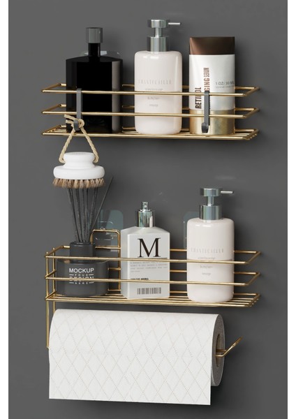 Gold Altın Kaplama Yapışkanlı Banyo Rafı 2 Li Set Kağıt Havlu Askılı Banyo Duş Organizer