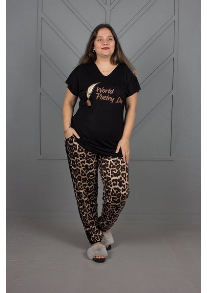 Büyük Beden Alt Leopar Paçası Lastikli Pijama Takım