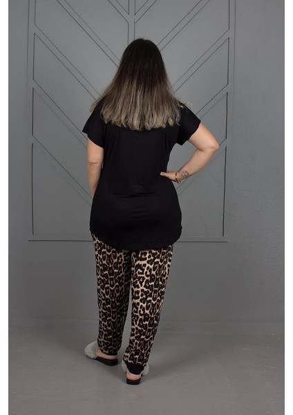 Büyük Beden Alt Leopar Paçası Lastikli Pijama Takım