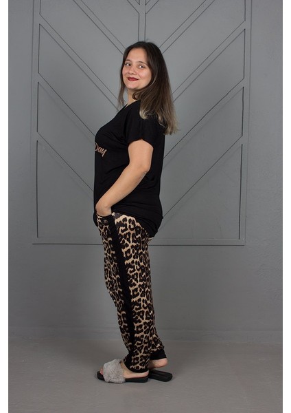 Büyük Beden Alt Leopar Paçası Lastikli Pijama Takım