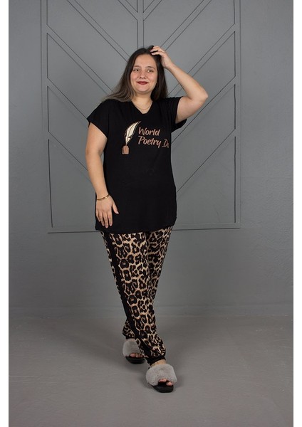 Büyük Beden Alt Leopar Paçası Lastikli Pijama Takım