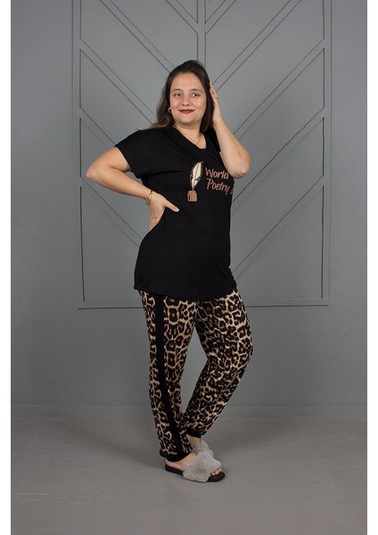 Büyük Beden Alt Leopar Paçası Lastikli Pijama Takım