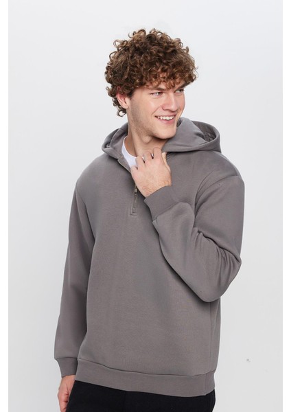 Unisex Relax Fit Rahat Kesim Pamuklu İçi Polarlı Yarım Fermuarlı Gri Kapüşonlu Sweatshirt