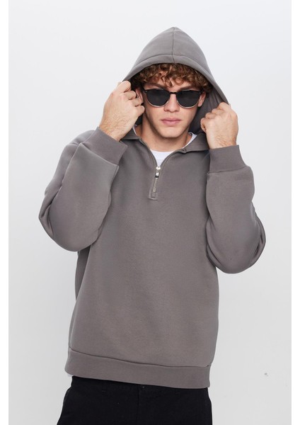 Unisex Relax Fit Rahat Kesim Pamuklu İçi Polarlı Yarım Fermuarlı Gri Kapüşonlu Sweatshirt