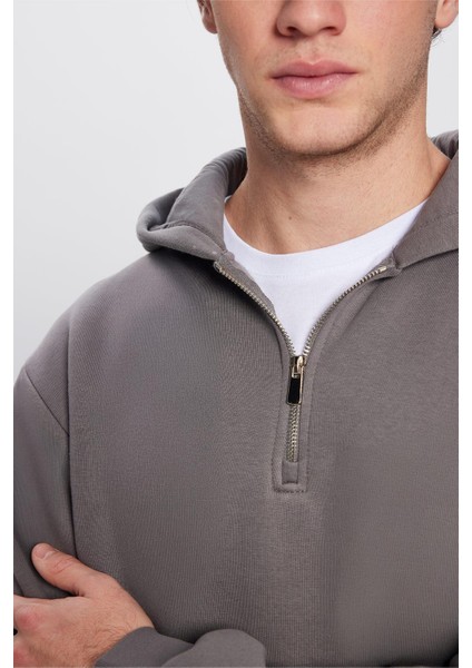 Unisex Relax Fit Rahat Kesim Pamuklu İçi Polarlı Yarım Fermuarlı Gri Kapüşonlu Sweatshirt