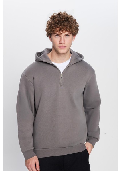 Unisex Relax Fit Rahat Kesim Pamuklu İçi Polarlı Yarım Fermuarlı Gri Kapüşonlu Sweatshirt