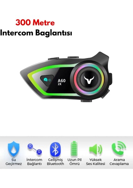 2 Intercom Bağlantılı Su Geçirmez Motosiklet Kask Bluetooth 5.3 300M Intercoom 2.000MAH