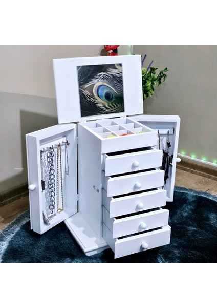 Aynalı 5 Çekmeceli 9 Bölmeli Takı Makyaj Dolabı