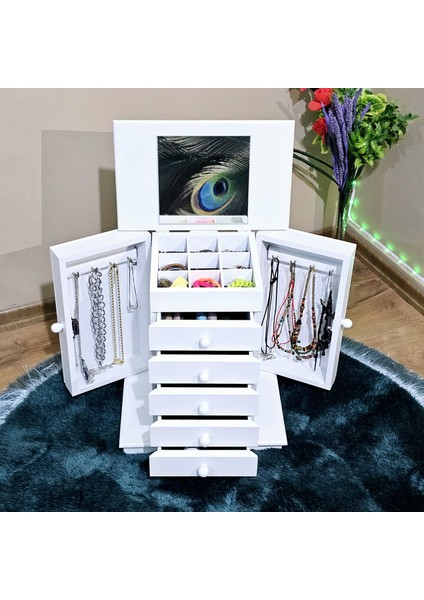 Aynalı 5 Çekmeceli 9 Bölmeli Takı Makyaj Dolabı fırsatları