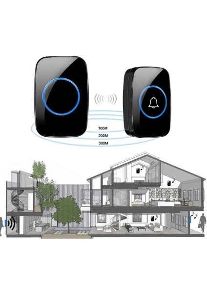 2 Alıcılı Kablosuz Uzaktan Kumandalı LED Kapı Zili Tek Buton 2 Zil