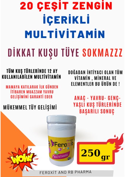 20 Çeşit Multivitamin ( Ara Tüy Yaptırmaz ) Tüm Kuş Türleri İçin 250 gr Avantajlı Paket
