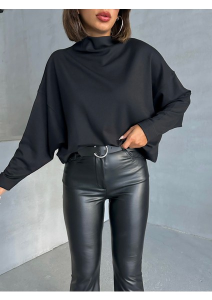 Kadın Siyah Interlok Yarasa Kol Dik Yaka Bluz fiyatları