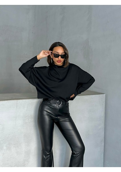 Kadın Siyah Interlok Yarasa Kol Dik Yaka Bluz modelleri