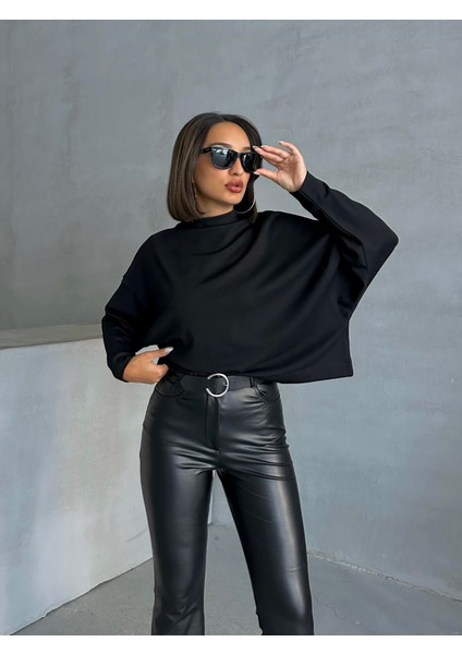 Kadın Siyah Interlok Yarasa Kol Dik Yaka Bluz fırsatları