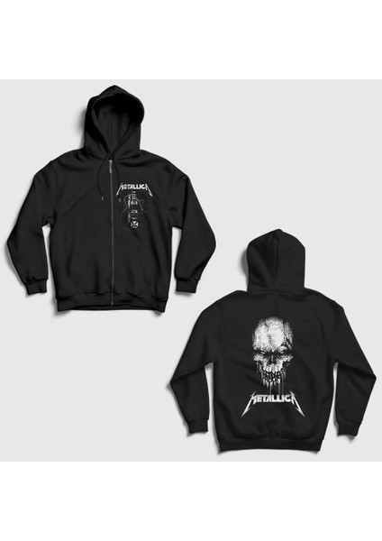 Siyah Death Rock Metallica Sırt Baskılı Fermuarlı Kapüşonlu Sweatshirt
