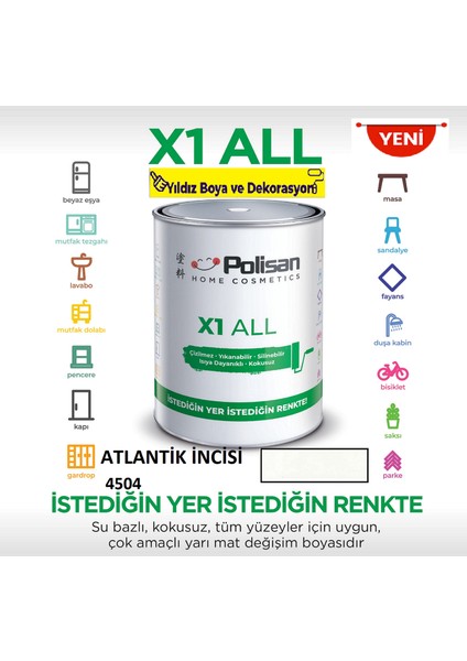 X1 All Her Yeri İstediğini Boya-Çizilmez-Yıkanabilir-Isıya Dayanıklı-Kokusuz-Atlantik İncisi - 0.75 Lt