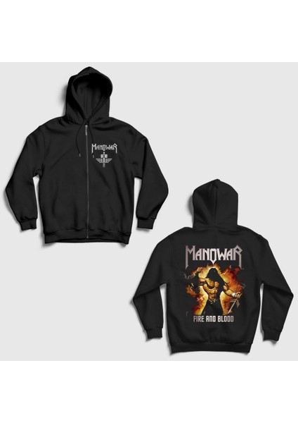 Siyah Fire And Blood Manowar Sırt Baskılı Fermuarlı Kapüşonlu Sweatshirt