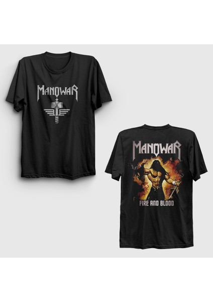 Siyah Fire And Blood Manowar Sırt Baskılı T-Shirt