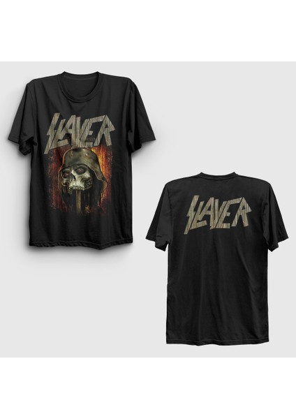 Siyah Skull On A Spear Slayer Sırt Baskılı T-Shirt