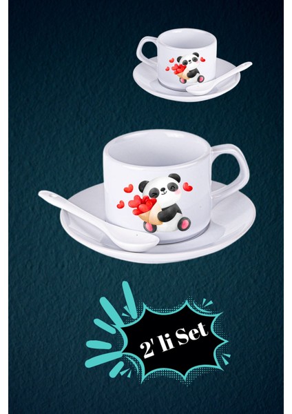 Sevgililer Günü Kalpli Baskılı 2’li Set Kaşıklı Porselen Çay Kahve Fincan Seti