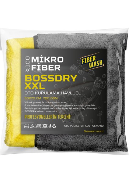 Bossdry Xxl Biyeli Çift Kat Süper Emici Mikrofiber Araç Kurulama Havlusu 50X70 cm 700GR/M2 Sarı-Gri