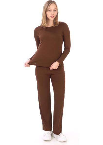 Kadın Viskon Tişört & Pantolon Takım-Kahverengi modelleri