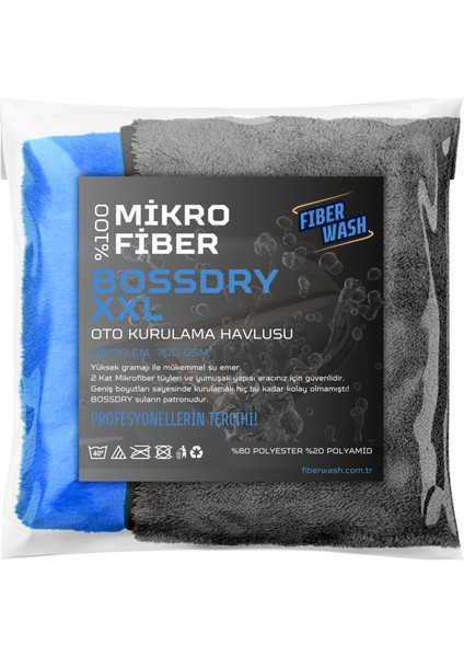 Bossdry Xxl Biyeli Çift Kat Süper Emici Mikrofiber Araç Kurulama Havlusu 50X70 cm 700GR/M2 Mavi-Gri