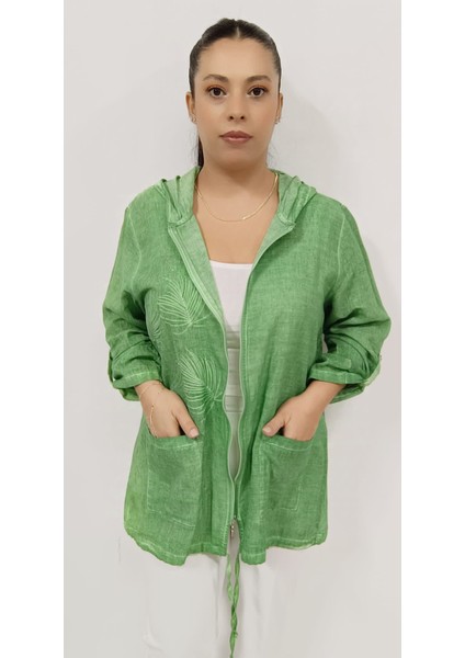 Büyük Beden Kadın Pamuk Keten Kumaş Kabartma ve Sim Baskılı Iki Cepli Kapüşonlu Fermuarlı Ceket