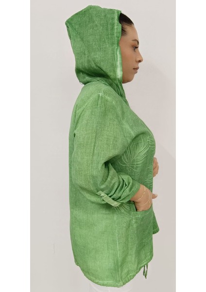 Büyük Beden Kadın Pamuk Keten Kumaş Kabartma ve Sim Baskılı Iki Cepli Kapüşonlu Fermuarlı Ceket fiyatları