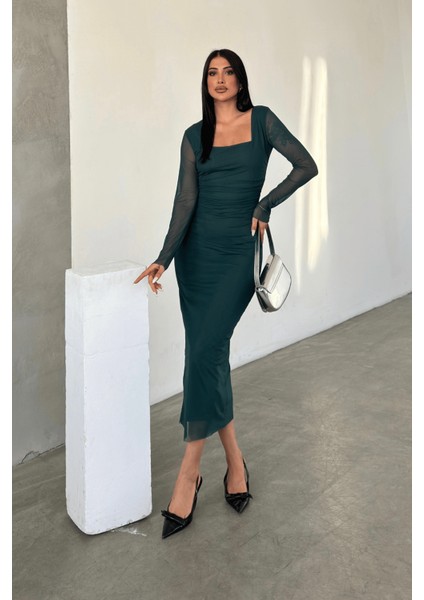 Tül Kumaş Büzgü Detaylı Kalem Elbise - Zümrüt Yeşil