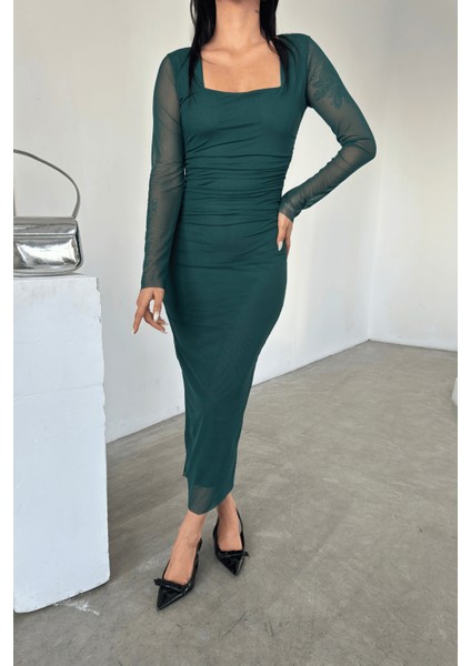 Tül Kumaş Büzgü Detaylı Kalem Elbise - Zümrüt Yeşil fiyatları