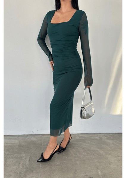 Tül Kumaş Büzgü Detaylı Kalem Elbise - Zümrüt Yeşil indirimleri
