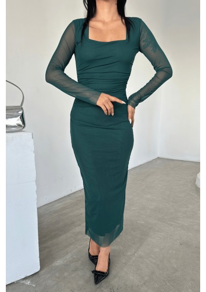 Tül Kumaş Büzgü Detaylı Kalem Elbise - Zümrüt Yeşil modelleri