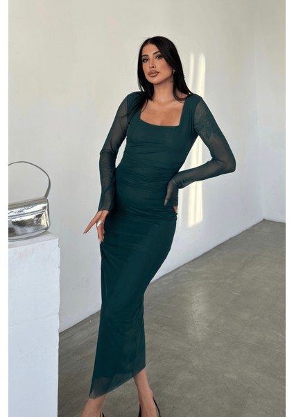 Tül Kumaş Büzgü Detaylı Kalem Elbise - Zümrüt Yeşil fırsatları