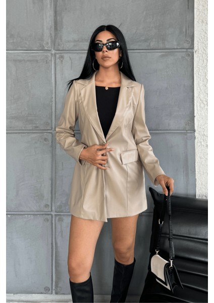 Suni Deri Blazer Ceket - Krem