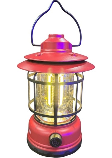 Rt-28 Nostaljik Şarjlı El Feneri Kamp Lambası ve Powerbank Kırmızı