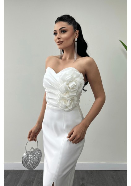 Atlas Kumaş Gül Detaylı Straplez Kalem Elbise - Beyaz modelleri