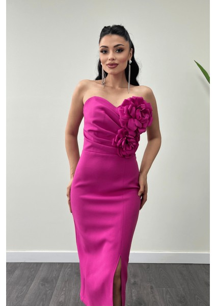 Atlas Kumaş Gül Detaylı Straplez Kalem Elbise - Fuşya modelleri