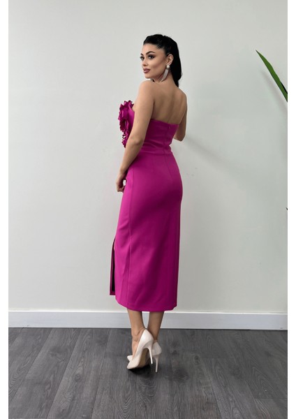 Atlas Kumaş Gül Detaylı Straplez Kalem Elbise - Fuşya indirimleri