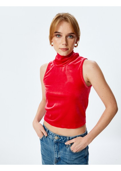 Kadife Crop Top Kolsuz Dik Yaka