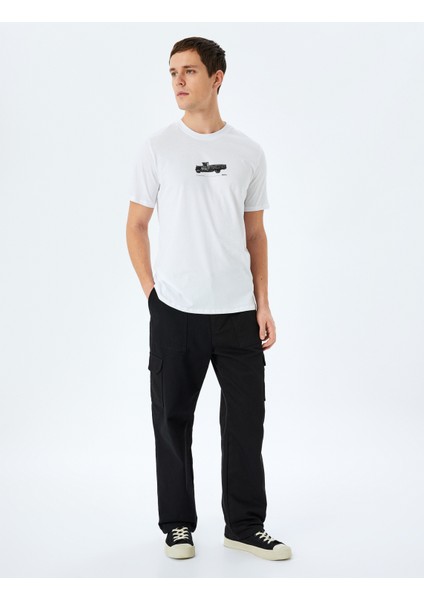 Kısa Kollu Pamuklu Bisiklet Yaka Baskılı Slim Fit Tişört