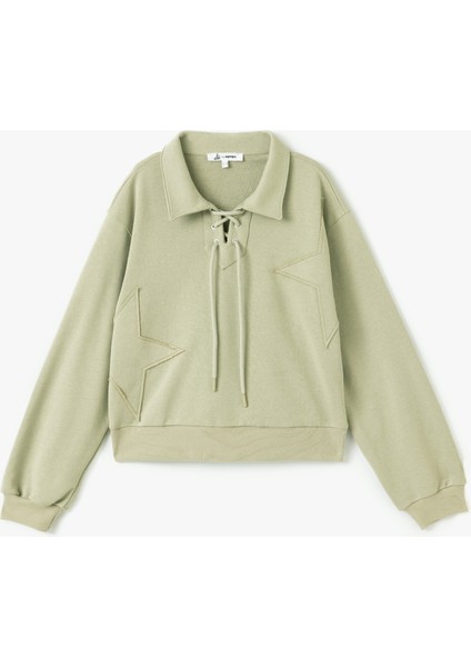 Yıldız Işlemeli Bağcıklı Crop Gömlek Yaka Sweatshirt modelleri