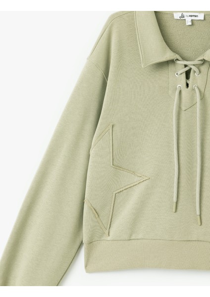 Yıldız Işlemeli Bağcıklı Crop Gömlek Yaka Sweatshirt indirimleri