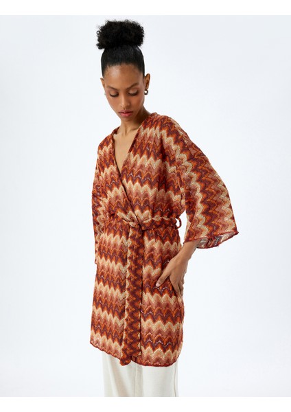 Uzun Geniş Kol Kemerli Desenli Uzun Kimono