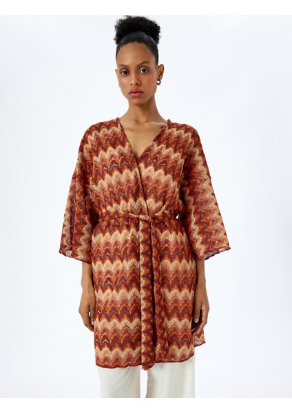 Uzun Geniş Kol Kemerli Desenli Uzun Kimono fiyatları