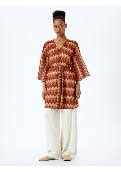 Uzun Geniş Kol Kemerli Desenli Uzun Kimono modelleri